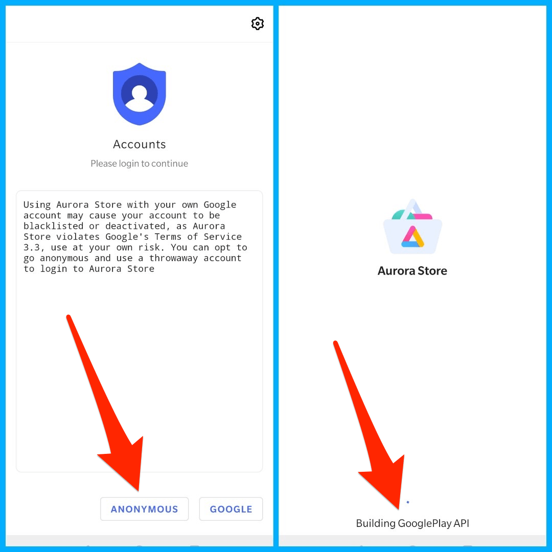Interface de login anônimo da Aurora Store mostrando a opção de API do Google