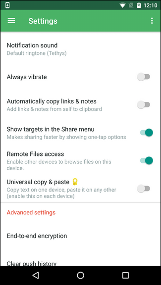 Экран списка отправок Pushbullet