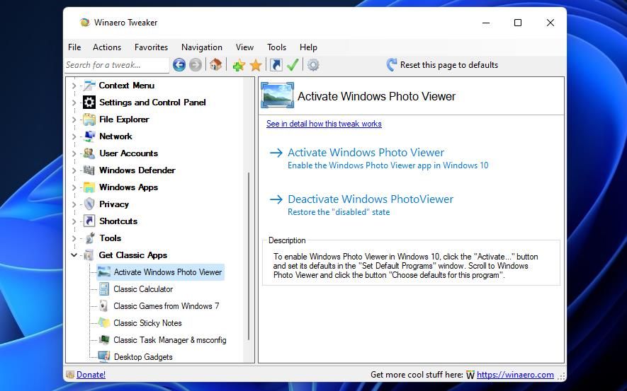 Пункт Activate Windows Photo Viewer в Winaero Tweaker