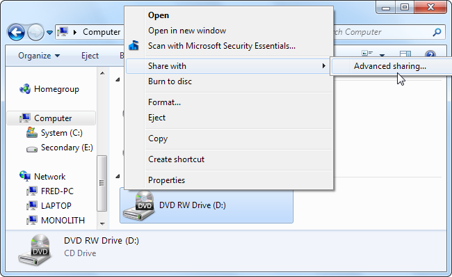 Окно свойств диска с кнопкой «Дополнительный общий доступ» выделено