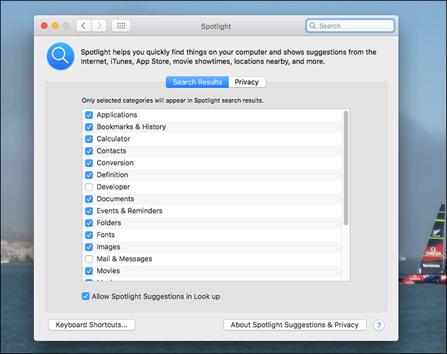 Параметры категорий Spotlight в Системных настройках