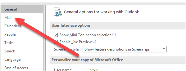Окно 'Параметры Outlook' — раздел 'Почта'