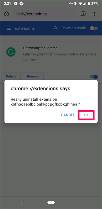 Процесс удаления расширения в Kiwi Browser