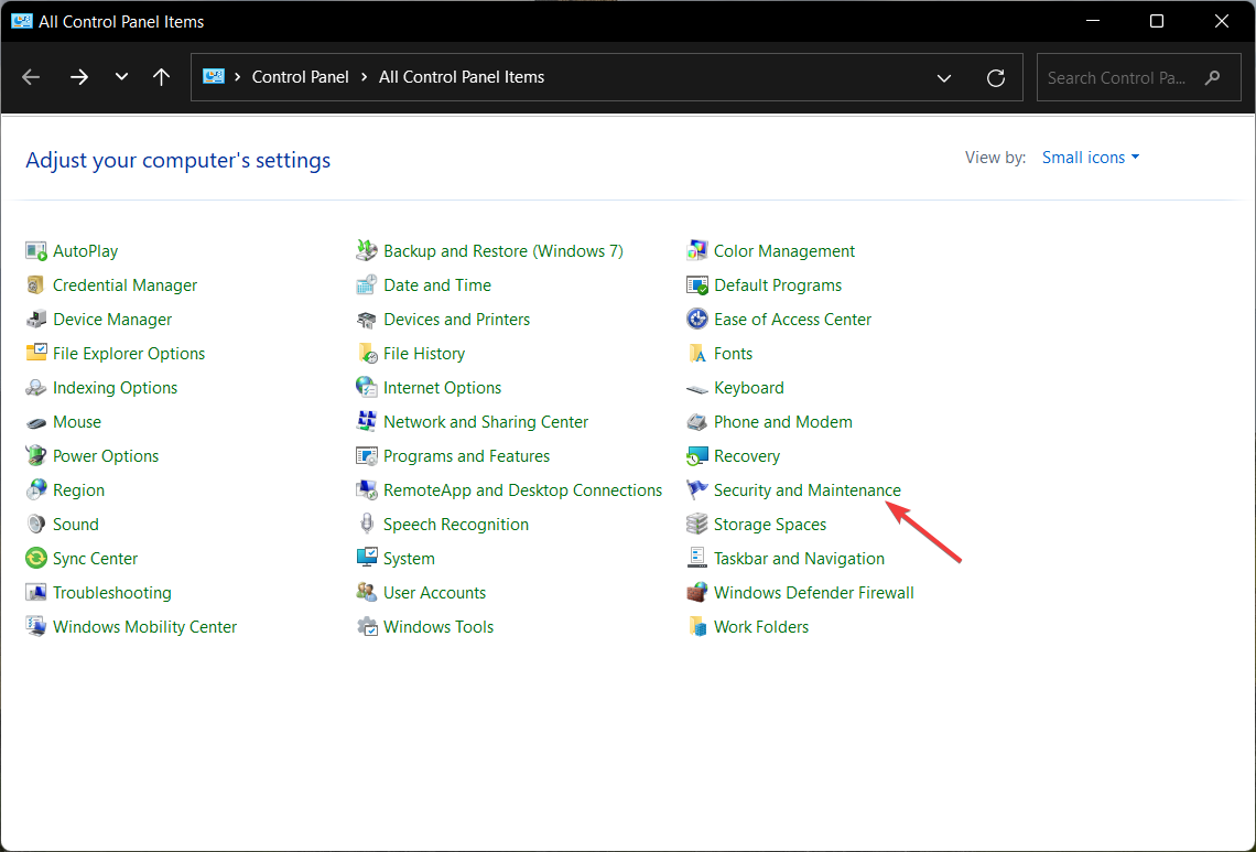 Раздел Безопасность и обслуживание в Панели управления