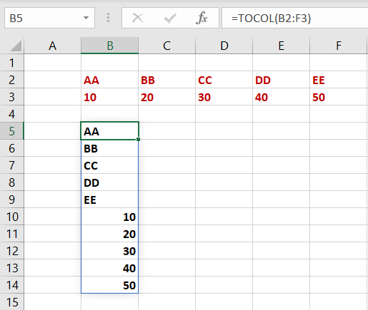 TOCOL function in Excel