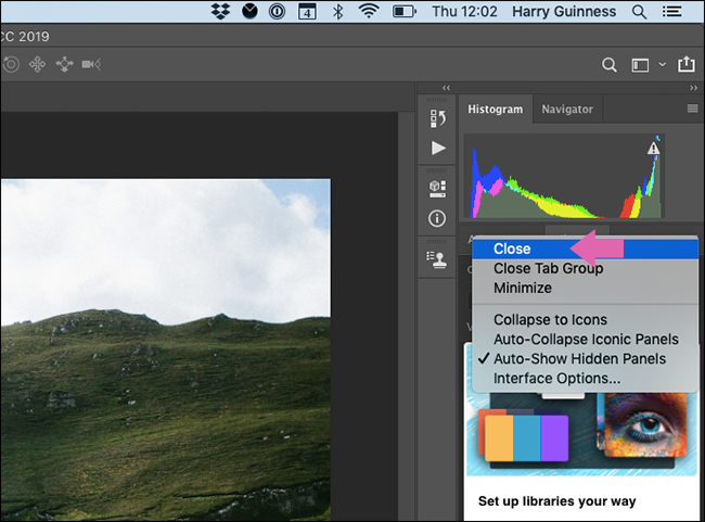 Закрытие панели