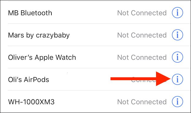 Нажмите значок «i» рядом с вашим AirPods в списке Bluetooth