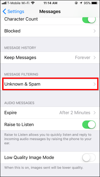 Выбор приложения для фильтрации SMS в настройках iOS