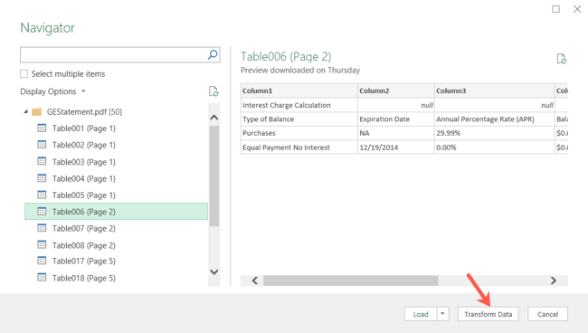 Click Transform Data