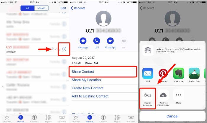 Показ возможности определения номера из списка вызовов и кнопки «Поделиться контактом»