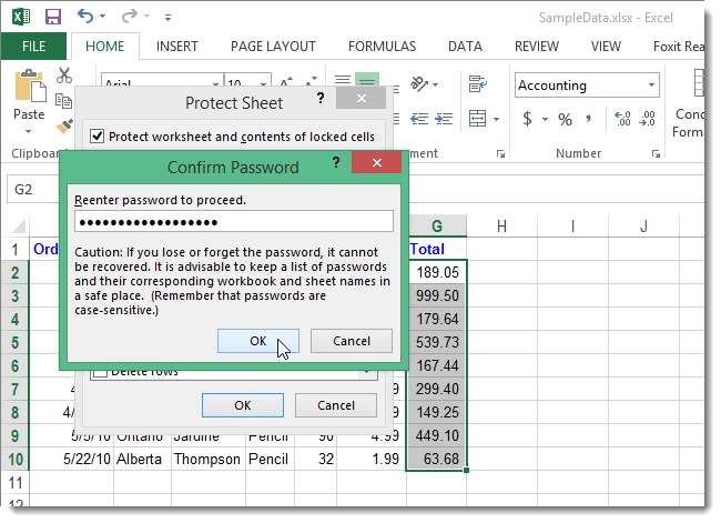 Подтверждение пароля для защиты листа