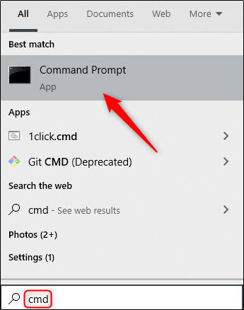 Поиск приложения Командная строка в Windows