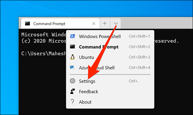 Доступ к настройкам Windows Terminal