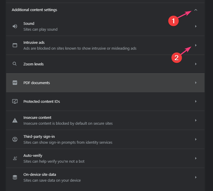 Дополнительные настройки сайтов в Chrome
