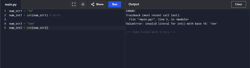 Иллюстрация ValueError: сообщение о неверном значении при попытке преобразовать строку в число.
