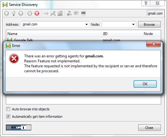 Диалог: уведомление о том, что Gmail не предоставляет сервисы для регистрации.