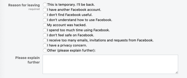 Анкета деактивации Facebook