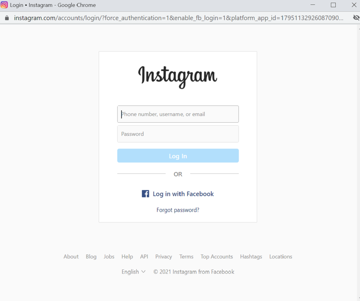 Страница входа Instagram, открытая из настроек Facebook