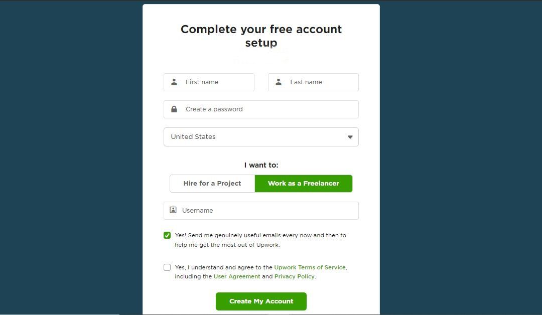 Экран создания аккаунта на UpWork с формой ввода данных
