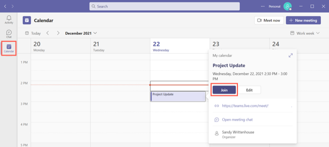 Собрание Teams в календаре на рабочем столе