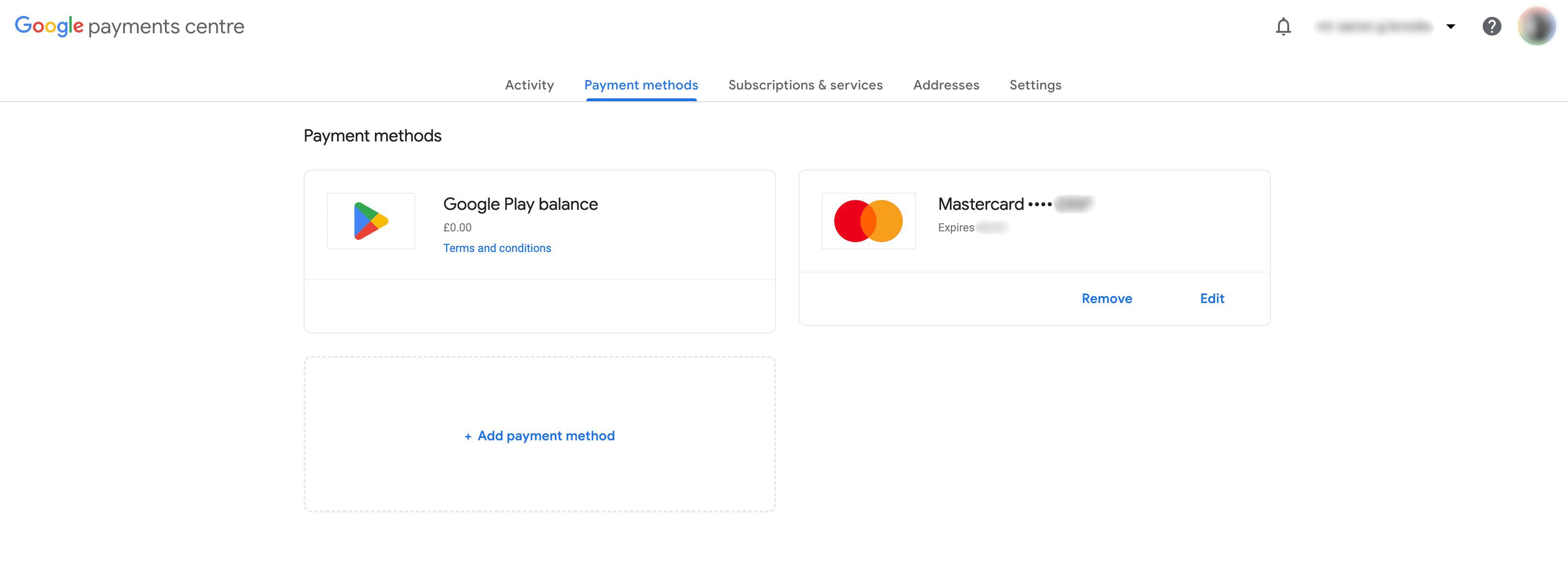 payment methods saved in Google payments centre