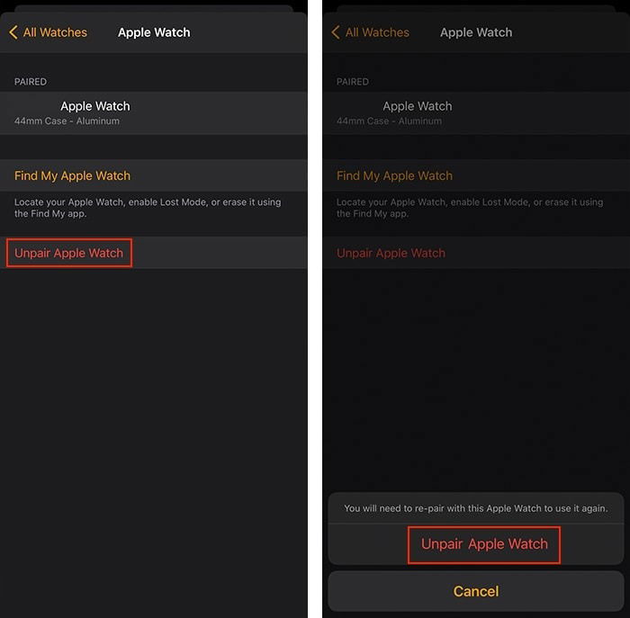 Изображение: Последние шаги в приложении Watch перед отвязкой