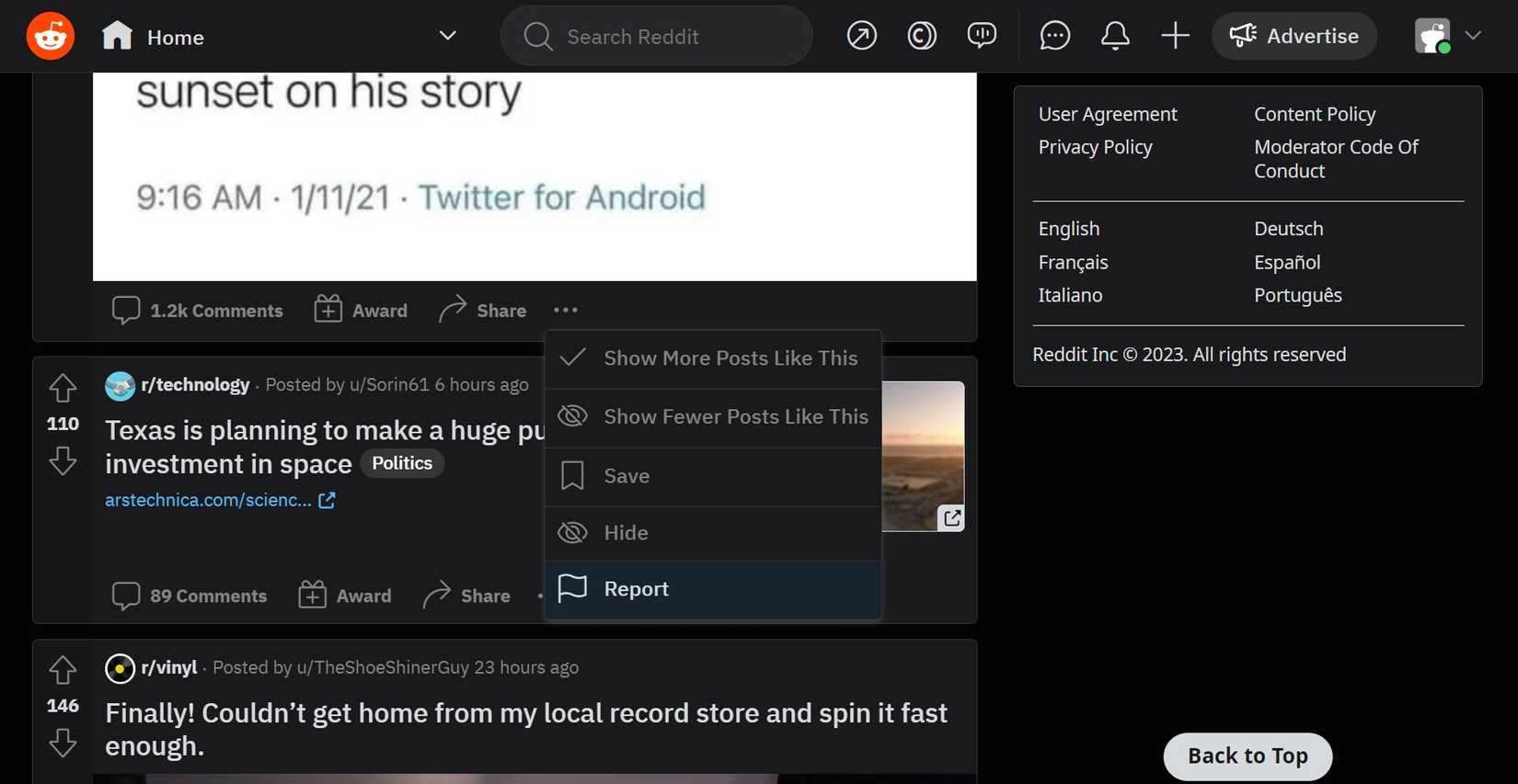Интерфейс сообщения о нарушении на Reddit