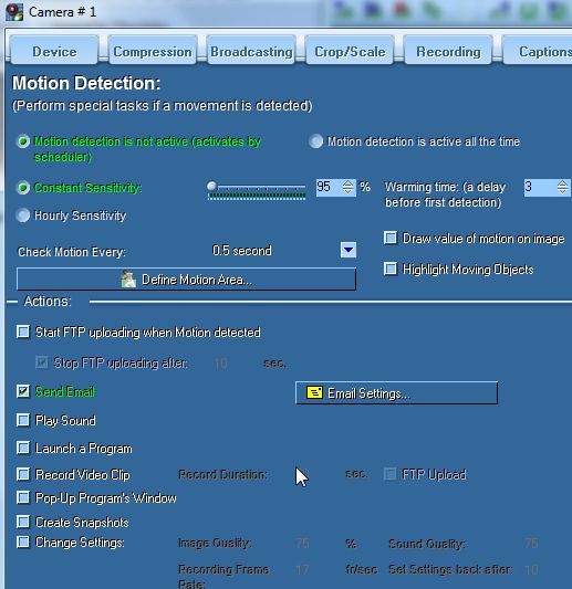 Настройки детекции движения и расписания в Active Webcam