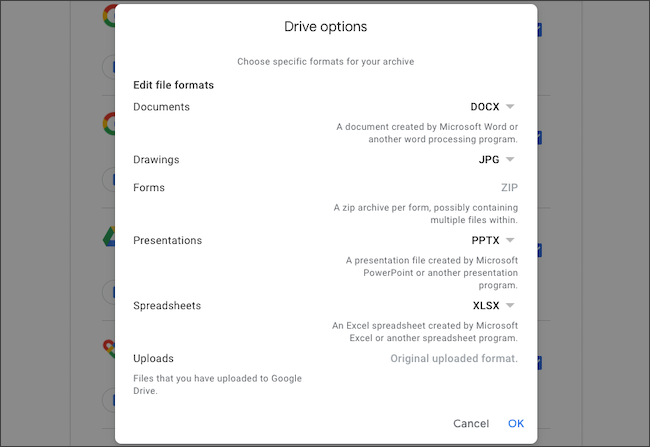 Изменить форматы файлов для экспорта Google Drive