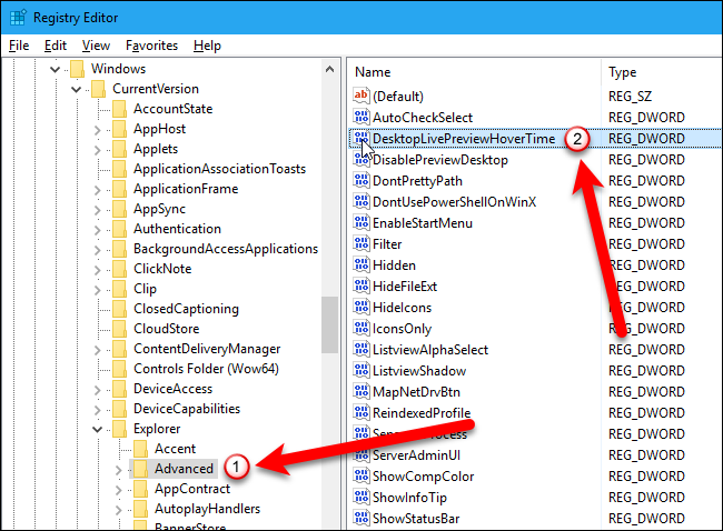 Переход к ключу и параметру DesktopLivePreviewHoverTime в реестре