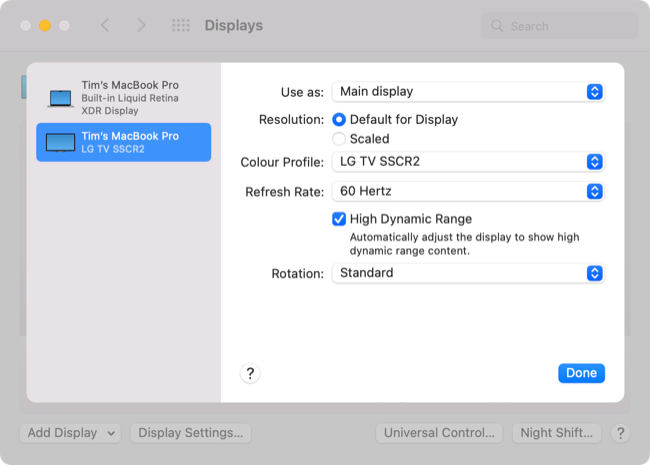 LG C2 подключён к MacBook Pro в режиме HDR