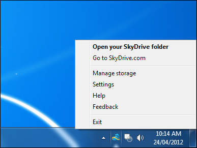 Меню настроек SkyDrive: открыть папку, купить место, перейти на сайт