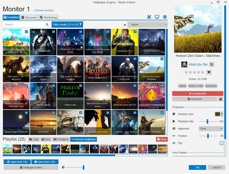 Главный экран Wallpaper Engine — библиотека обоев и плейлист
