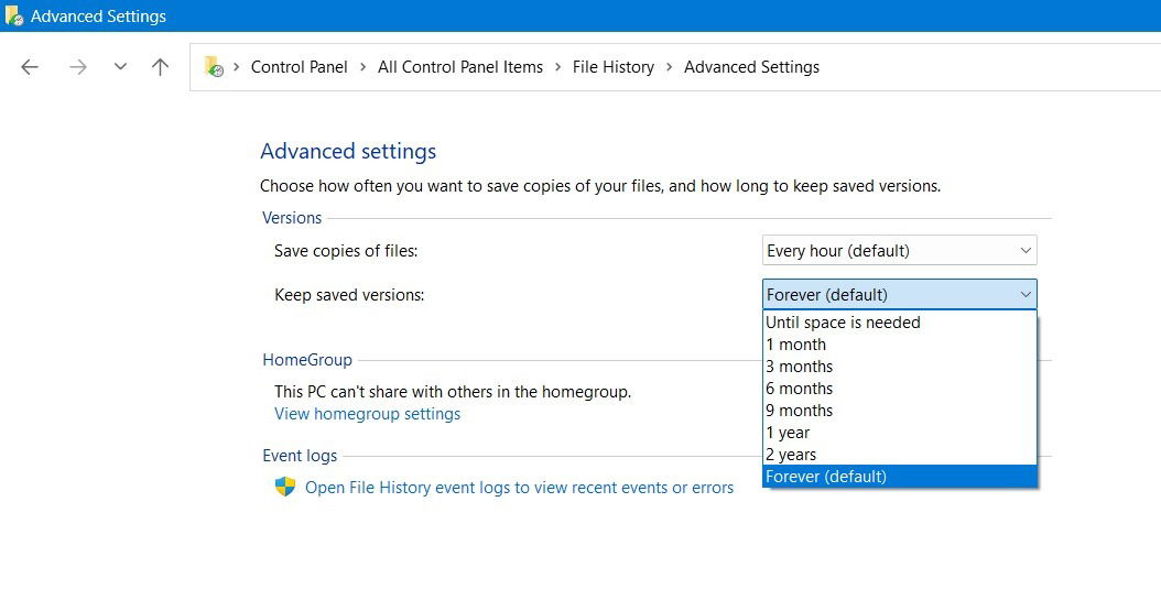 Настройка срока хранения версий