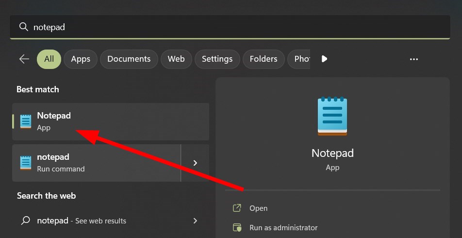 Открытие Блокнота в меню Пуск