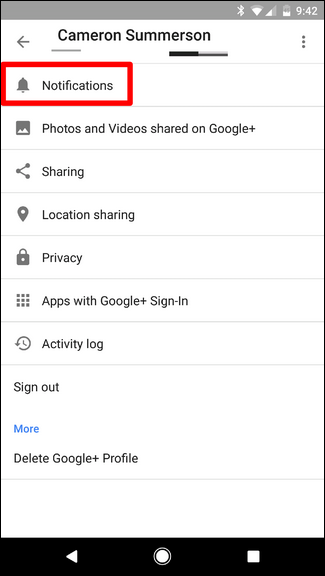 Список параметров уведомлений в приложении Google+ на Android