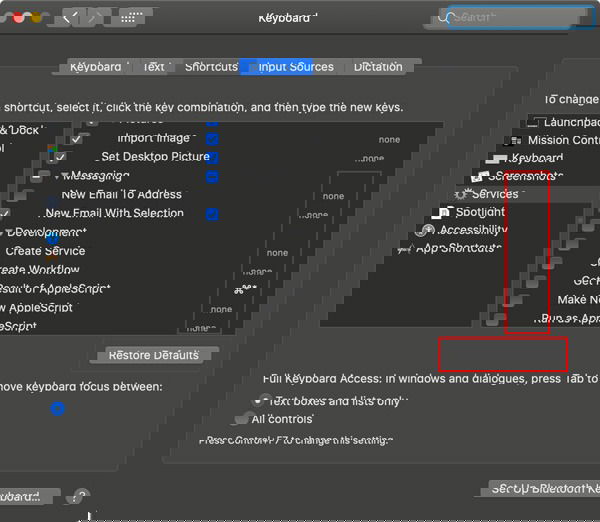 Присвоение сочетаний клавиш для Сервисов