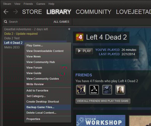 Интерфейс резервного копирования через клиента Steam