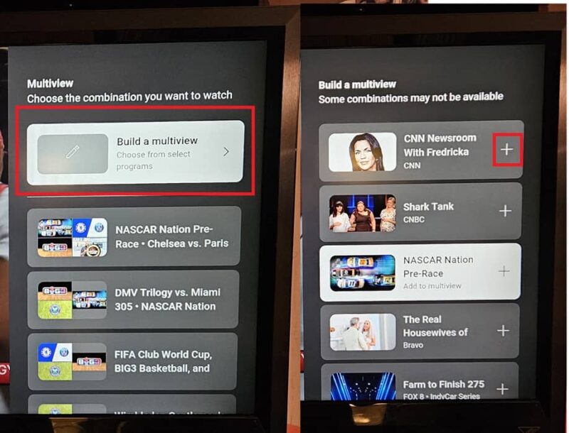 Добавление каналов в multiview на YouTube TV.