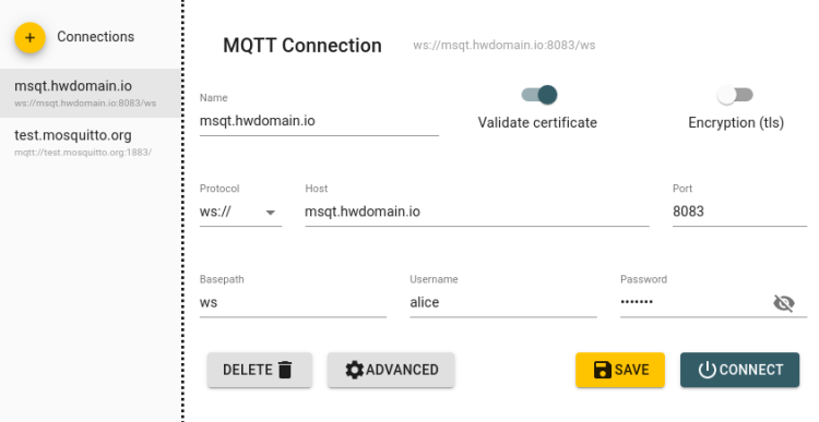 MQTT Explorer подключение по WebSockets