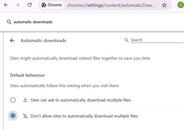 사이트의 자동 다운로드를 차단하는 Chrome 설정 화면.