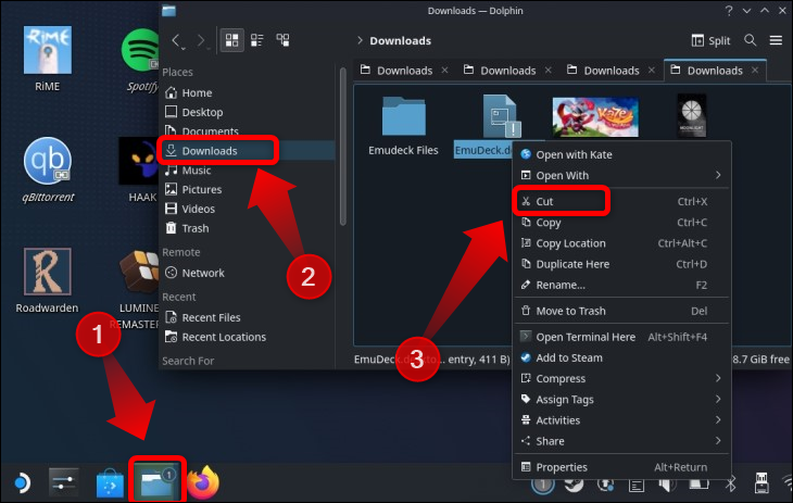 Копирование установочного файла EmuDeck на рабочий стол через Dolphin