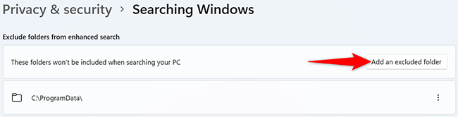Кнопка «Добавить исключаемую папку» в настройках поиска