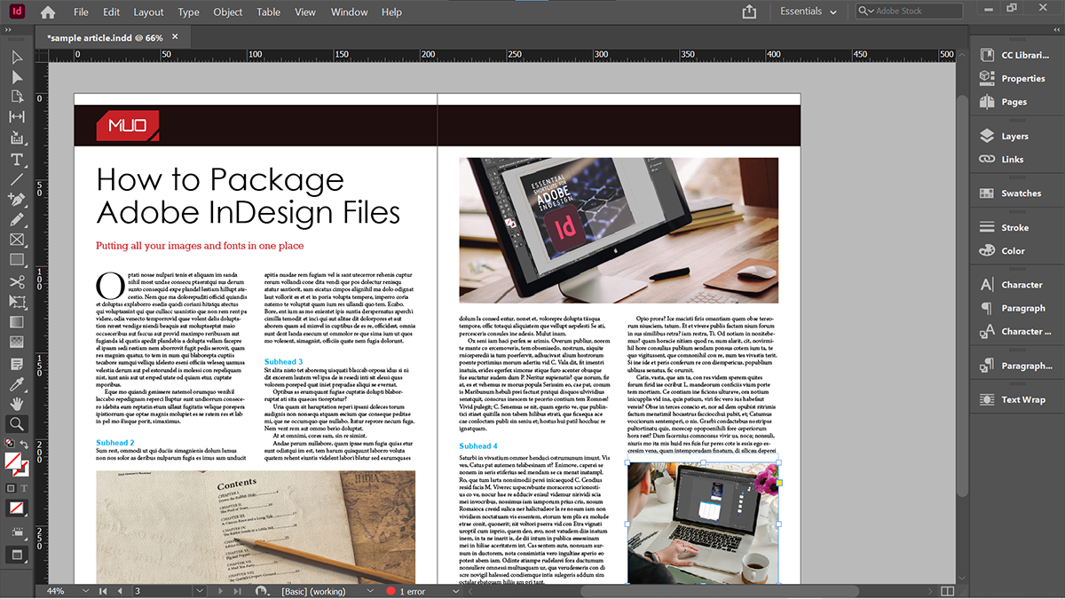 Документ InDesign готов к упаковке, два листа с изображениями