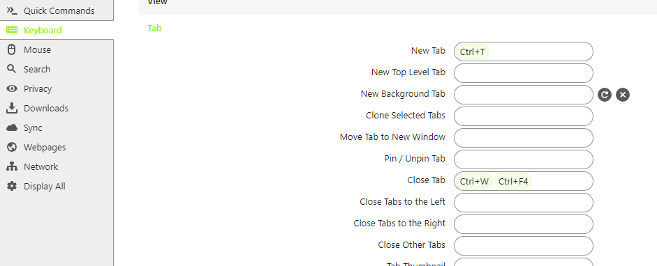 Настройки клавиатуры в Vivaldi