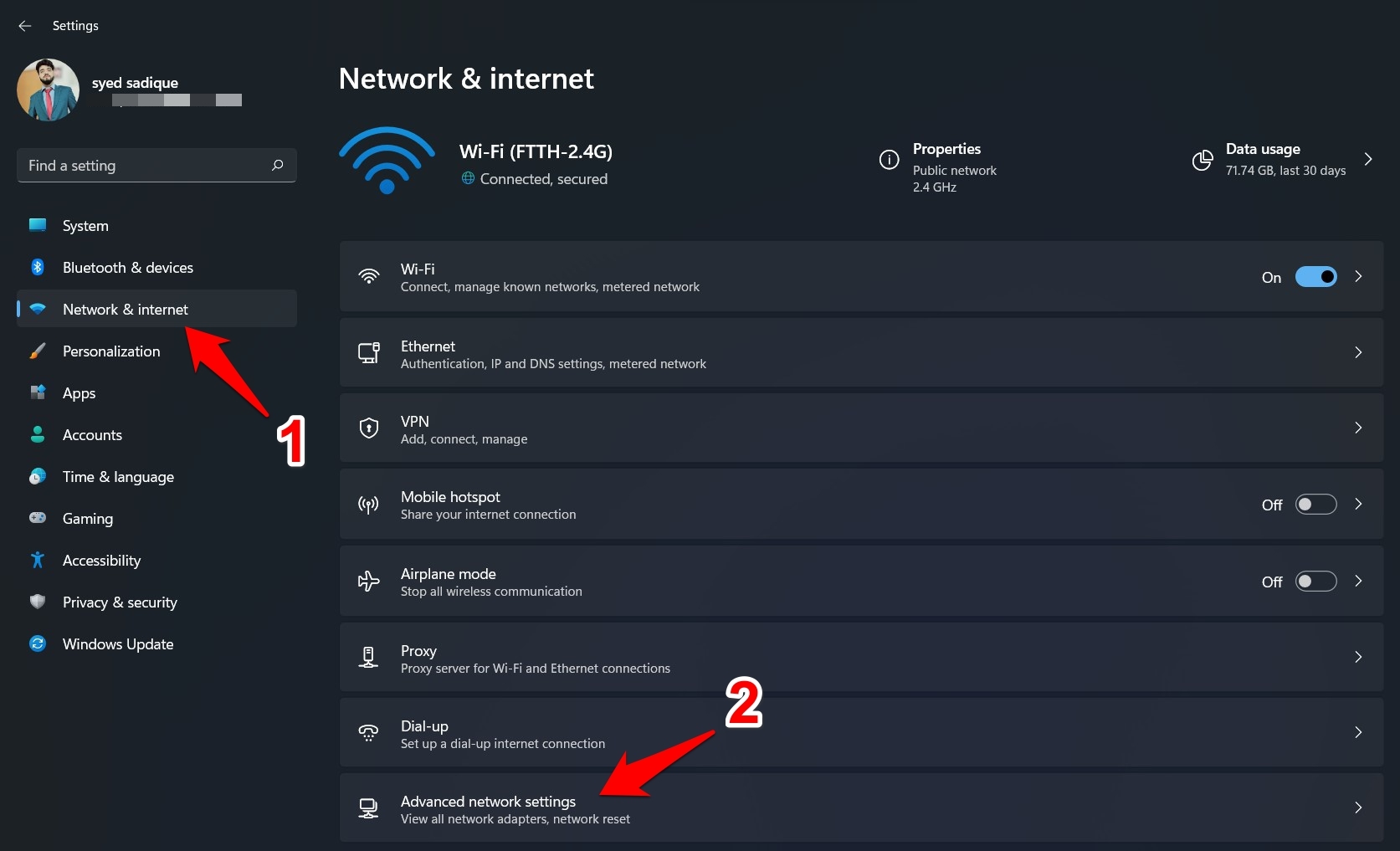 advanced network settings windows 11