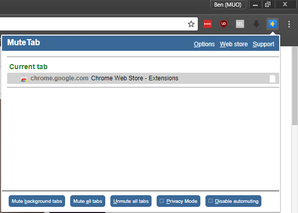 Интерфейс расширения MuteTab в Chrome