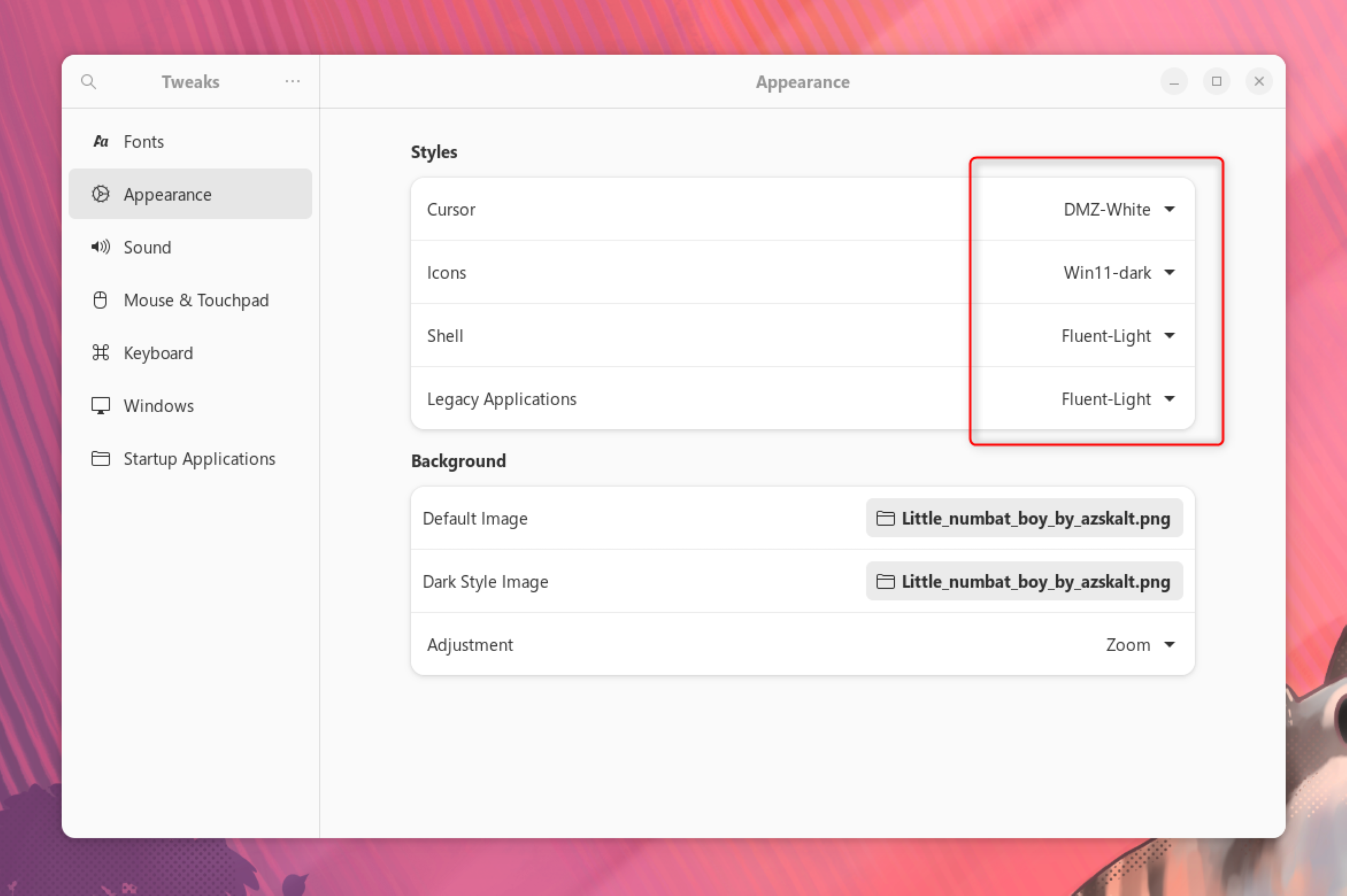 Настройка внешнего вида в GNOME Tweaks.