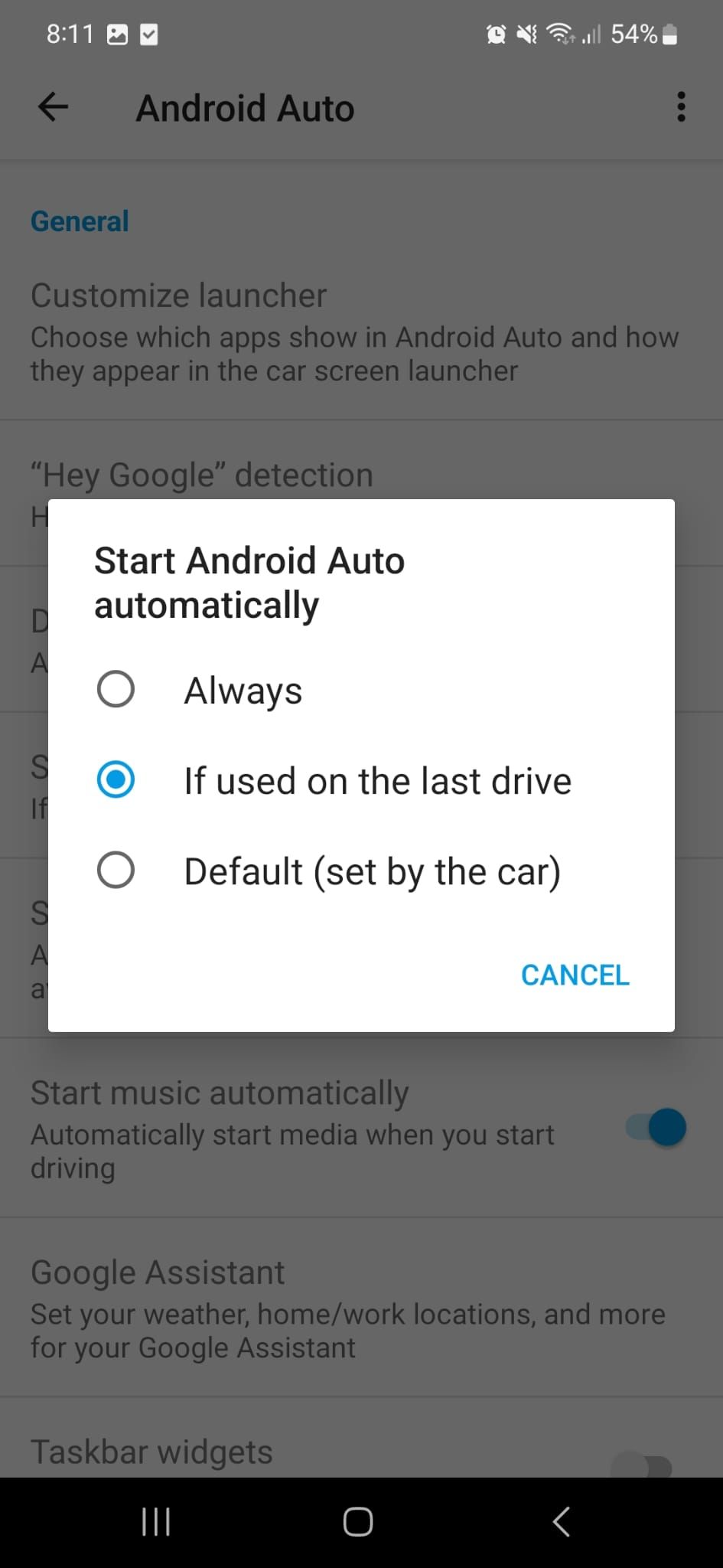 Параметр автоматического запуска Android Auto