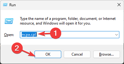 Finestra Esegui con comando ncpa.cpl per aprire Connessioni di rete